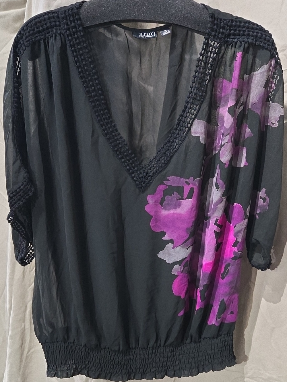 Anise Black Sheer V-Neck Tunic with Purple Floral Accent